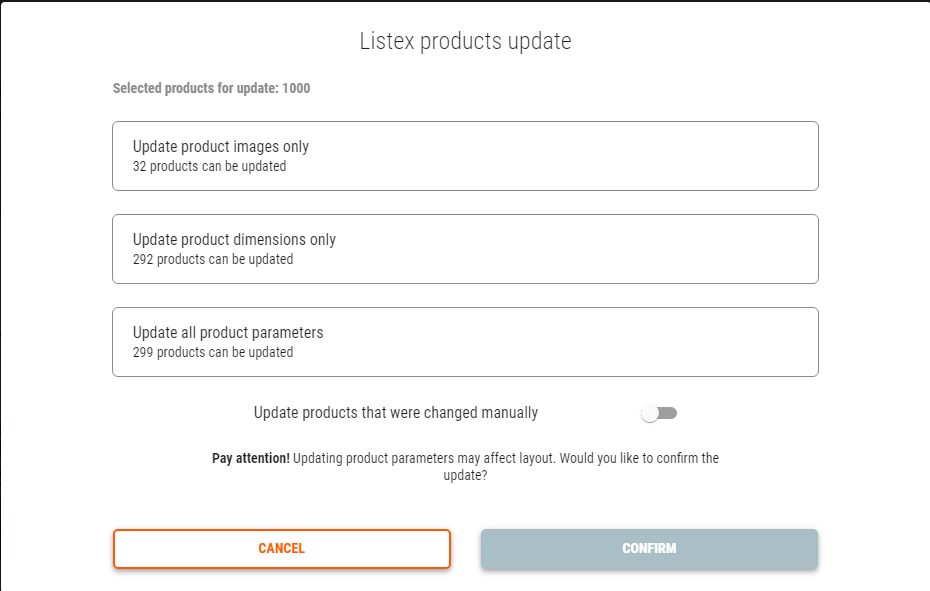 Update product parameters with Listex