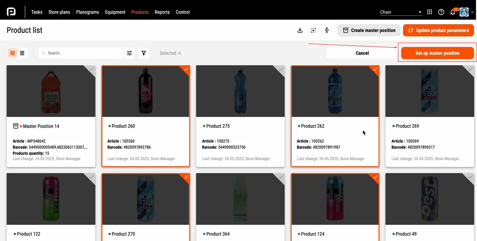 Налаштування списку товарів під майстер-позицію енергетичних напоїв